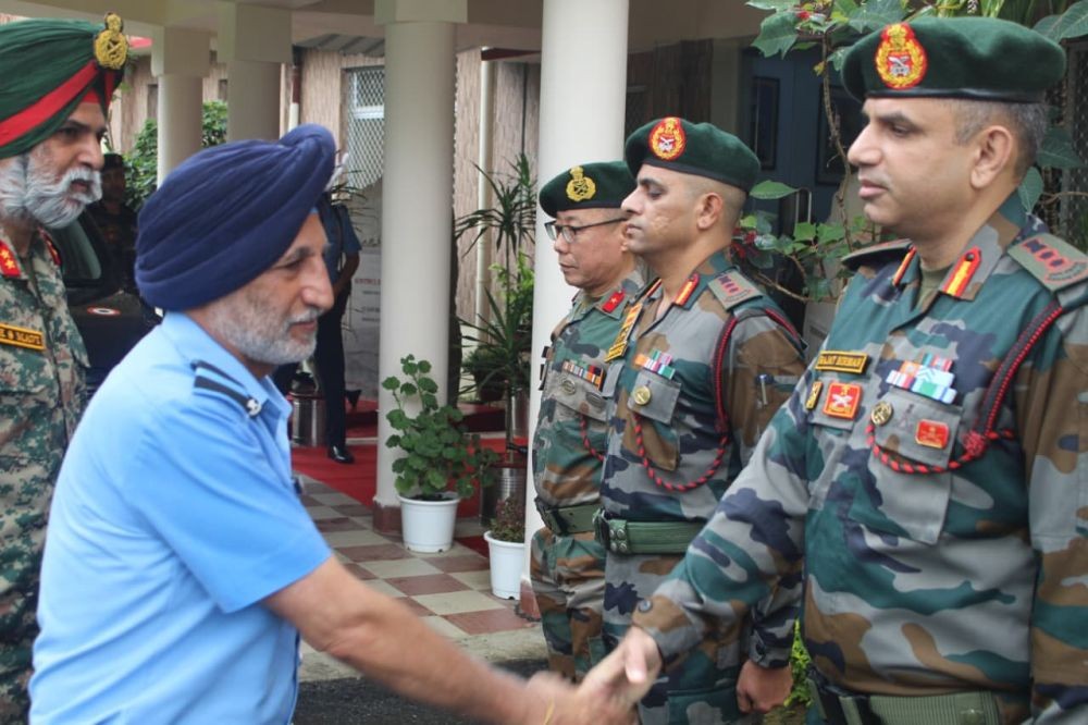 Air Marshal Inderpal Singh Walia greets senior Assam Rifles officers during his visit to HQ IGAR (North) in Kohima on July 12.